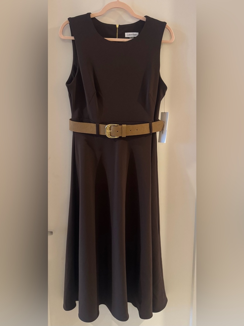 Calvin Klein Black Midi Dress with Tan Belt